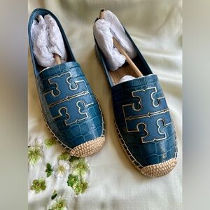Tory Burch Ines Croc-Embossed Leather Espadrilles in Denim Blue Size 8.5